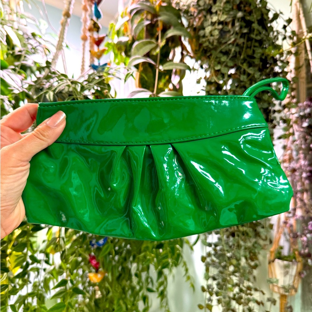 Lime Green Liquid Faux Patent Leather Look Clutch/Wristlet Bag W/ hand strap NWT